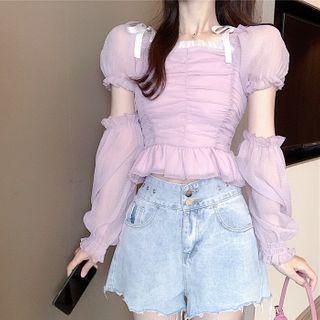 Puff-sleeve Mesh Peplum Crop Top