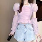 Puff-sleeve Mesh Peplum Crop Top