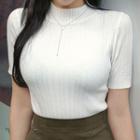 Mock-neck Short-sleeve Rib-knit Top