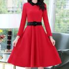 Long-sleeve Two-tone Collared A-line Dress