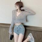 Long-sleeve Cropped Buttoned Knit Top / Fringed Denim Hot Pants