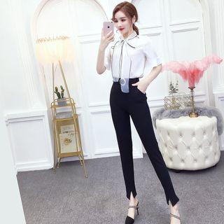 Tie-neck Short-sleeve Blouse / Front-slit Cropped Skinny Pants / Set