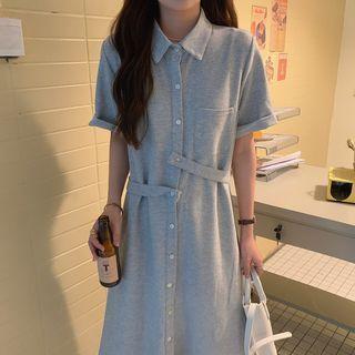 Short-sleeve Collar Midi T-shirt Dress Gray - One Size