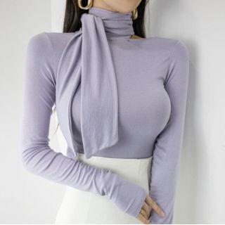 Long-sleeve Tie-neck Cutout T-shirt