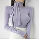 Long-sleeve Tie-neck Cutout T-shirt