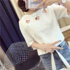 Elbow-sleeve Heart Perforated T-shirt