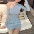 Long-sleeve Diagonal Buttoned Collared Dress