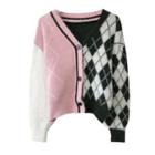 Argyle Panel Cropped Cardigan Pink & White & Black - One Size