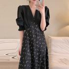 Short-sleeve V-neck Floral Panel Midi A-line Dress