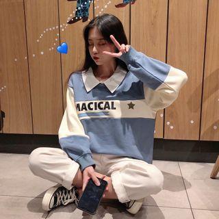 Color Block Long Sleeve Letter Print Polo Shirt