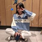 Color Block Long Sleeve Letter Print Polo Shirt