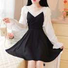V-neck Puff-sleeve Panel Bow-accent A-line Dress
