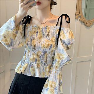 Bell-sleeve Cold-shoulder Floral Print Blouse Floral - Yellow & Blue - One Size