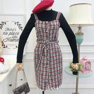Set: Mock-neck Top + Sleeveless Wool Shirt Dress With Sash