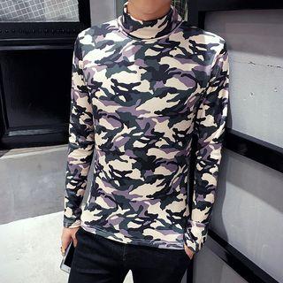 Turtleneck Camouflage Print T-shirt