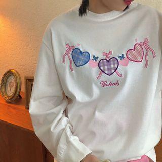 Long-sleeve Round-neck Heart Bow Applique Top