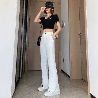 High-waist Slit-front Straight Leg Pants