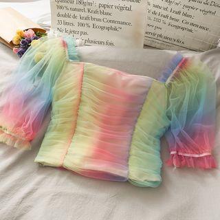 Rainbow-mesh Boatneck Crop Top As Shown In Figure - One Size