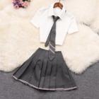 Set: Short-sleeve Tie-neck Top + Pleated Mini A-line Skirt