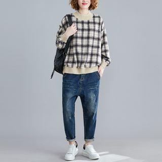 Plaid Pullover Plaid - Black & Beige - One Size
