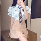Short-sleeve Tie-neck Crop Shirt / Mini A-line Skirt / Set