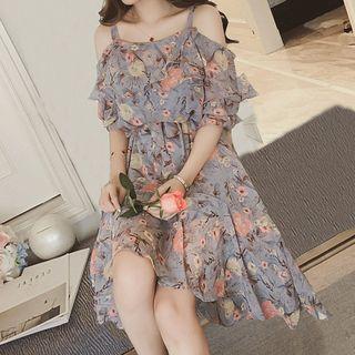 Elbow-sleeve Floral Off Shoulder A-line Dress