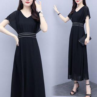 Short-sleeve V-neck Chiffon Tie-waist Midi A-line Dress