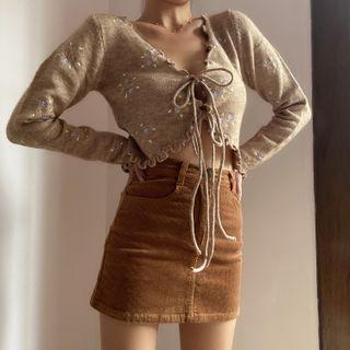 Flower Embroidered Tie-strap Cropped Cardigan