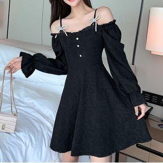 Long Sleeve Off Shoulder Buttoned Dress
