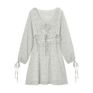 Long-sleeve V-neck Tie-strap Floral Chiffon Dress Floral - One Size