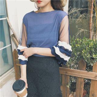 Striped Pleated Mesh Panel 3/4 Sleeve Top