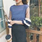 Striped Pleated Mesh Panel 3/4 Sleeve Top
