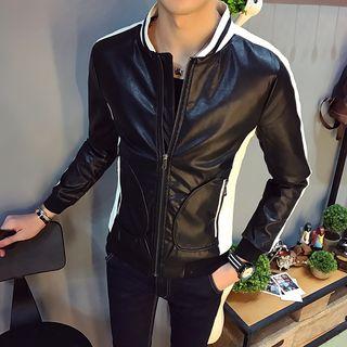 Contrast Trim Faux Leather Zip Jacket