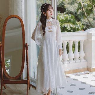 Long-sleeve Mandarin Collar A-line Midi Dress