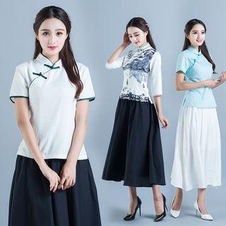 Mandarin Collar Short-sleeve Top / Printed Mandarin Collar 3/4 Sleeve Top