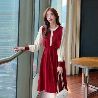 Long-sleeve Two-tone Ruffle Trim Knit A-line Dress