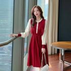 Long-sleeve Two-tone Ruffle Trim Knit A-line Dress
