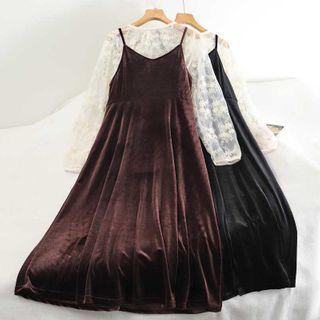 Set: Lace Blouse + Midi Pinafore Dress