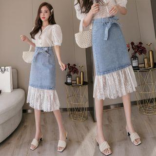 Lace Trim Denim Midi A-line Skirt