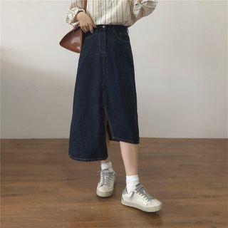 Asymmetric Hem Denim Midi A-line Skirt