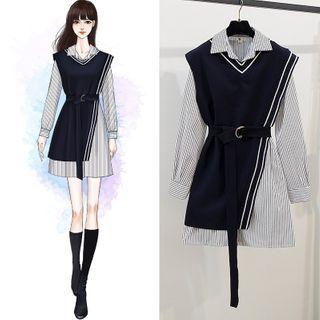 Set: Long-sleeve Striped Mini Shirtdress + Asymmetrical Vest
