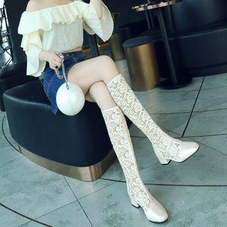 Paneled Chunky Heel Lace Tall Boots