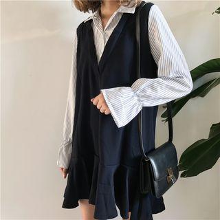 Striped Panel Long-sleeve A-line Dress Blue - One Size
