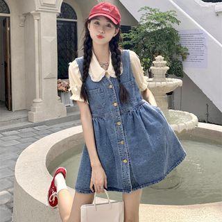 Puff-sleeve Collar Blouse / Denim Mini A-line Overall Dress / Set