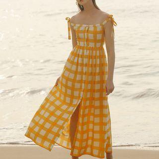 Plaid Off-shoulder Maxi A-line Dress