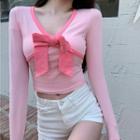 Long-sleeve Bow Neck T-shirt Pink - One Size