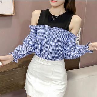 Mock Two-piece Cold Shoulder Long-sleeve Top