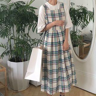 Plaid Sleeveless Midi A-line Dress As Shown In Figure - One Size