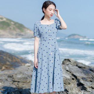 Short-sleeve Dotted Buttoned A-line Midi Dress