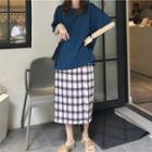 Short-sleeve Open Back T-shirt / Plaid Midi Straight-fit Split Skirt